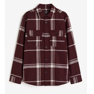 H&M Mens Regular Fit Overshirt Shacket in Dark Red Burgundy Plaid Medium
